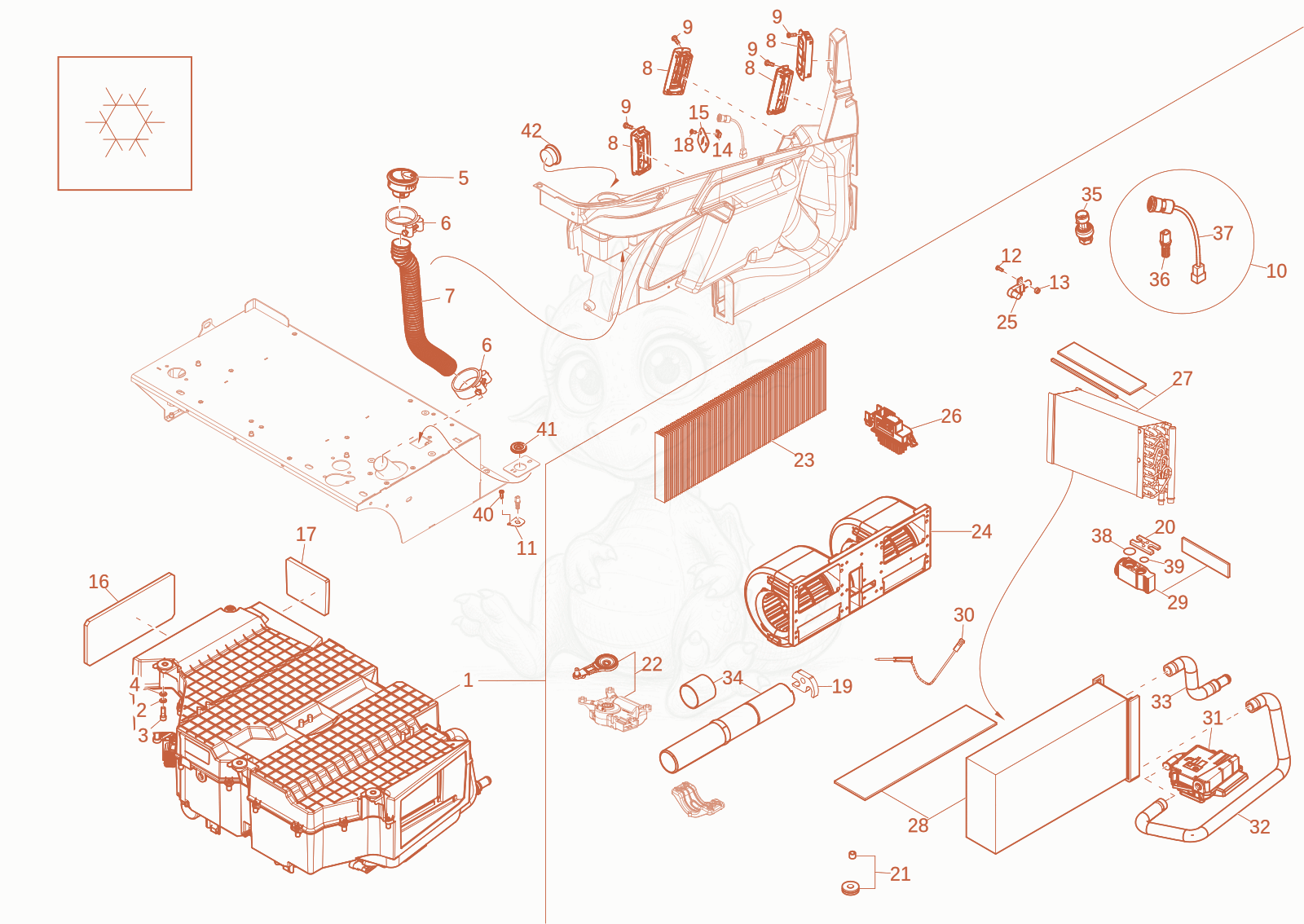 Exploded parts diagram of the air condition system (OPTION) of a Wacker Neuson EW65, with numbered balloons