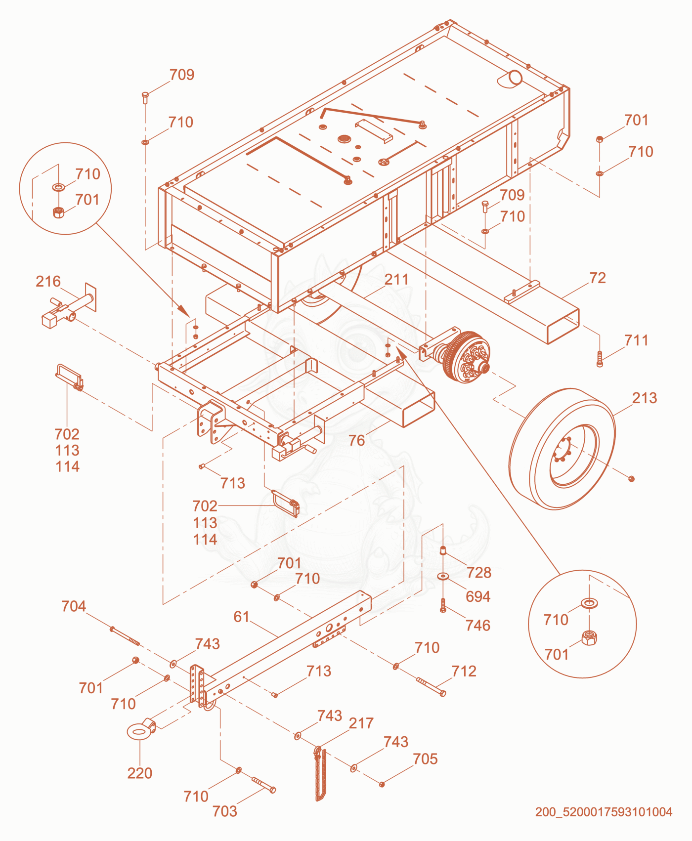 Exploded parts diagram of the Trailer Frame of a Wacker Neuson HIF600, with numbered balloons