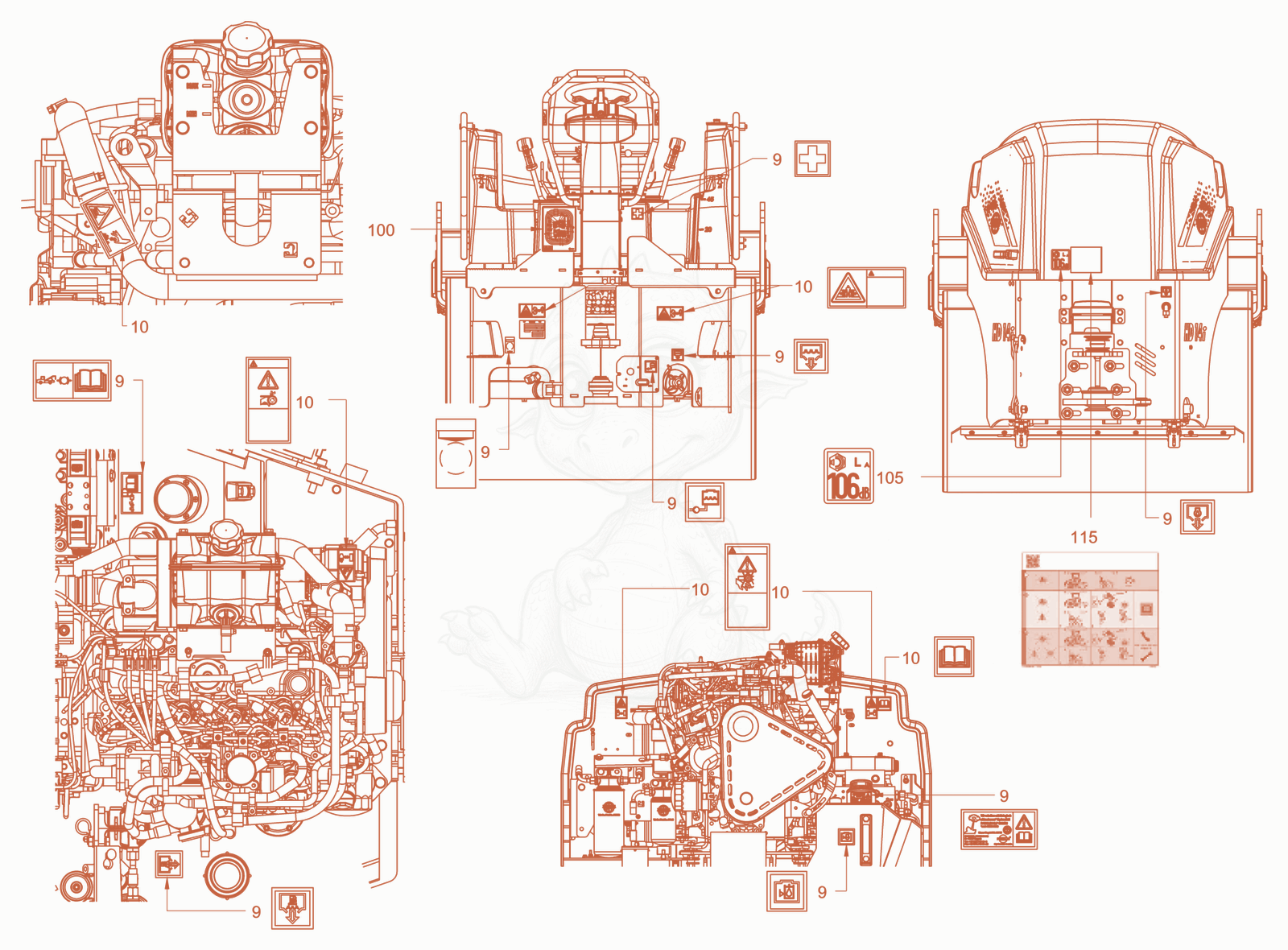Exploded parts diagram of the sticker arrangement of a Wacker Neuson RD40-130CUS, with numbered balloons