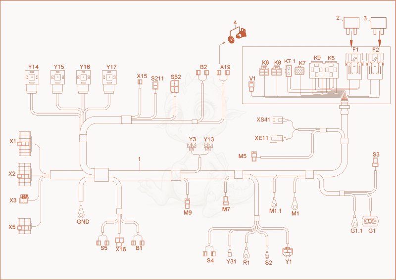 Exploded parts diagram of the wire harness chassis, engine of a Wacker Neuson 8003, with numbered balloons