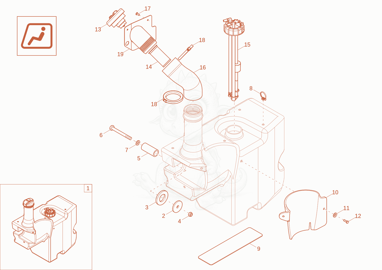 Exploded parts diagram of the fuel tank (option) of a Wacker Neuson DW40-2, with numbered balloons