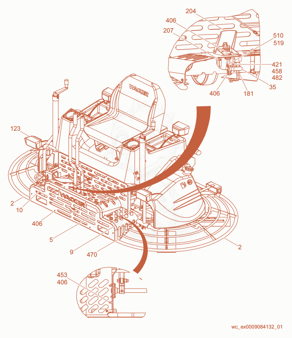 Exploded parts diagram of the Machine cpl./Front View/Lights/Guards of a Wacker Neuson CRT48-25K-L, with numbered balloons