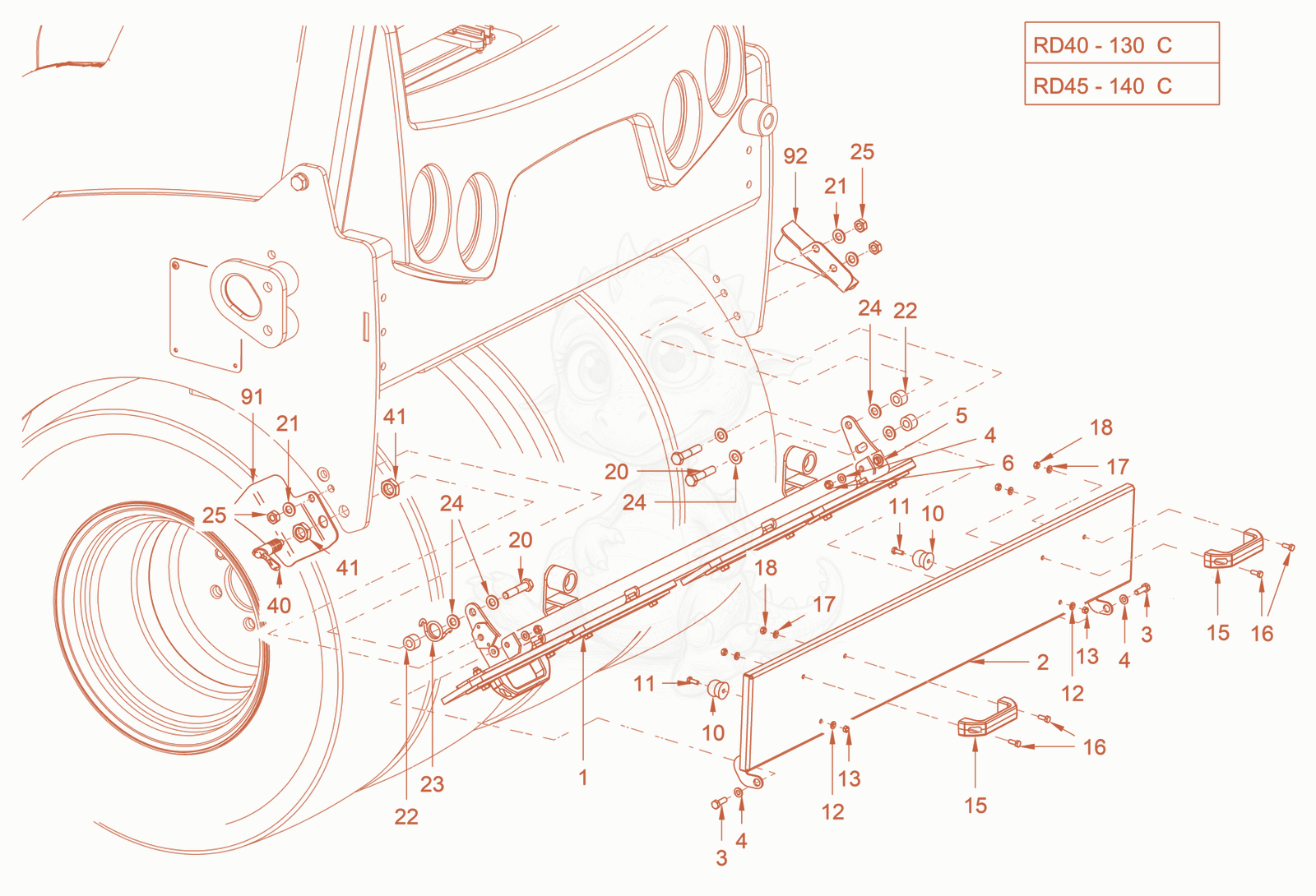 Exploded parts diagram of the scraper of a Wacker Neuson RD40-130CUS, with numbered balloons