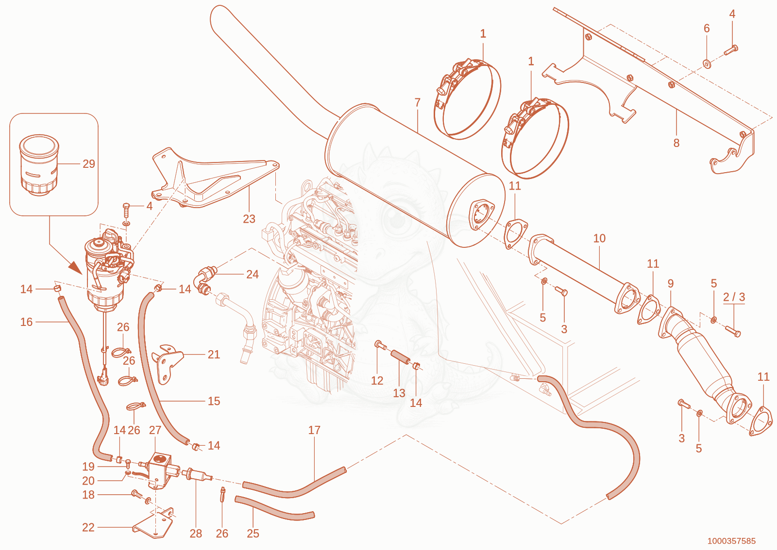 Despiece del exhaust system de una máquina Wacker Neuson TH627(418-02), con globos numerados