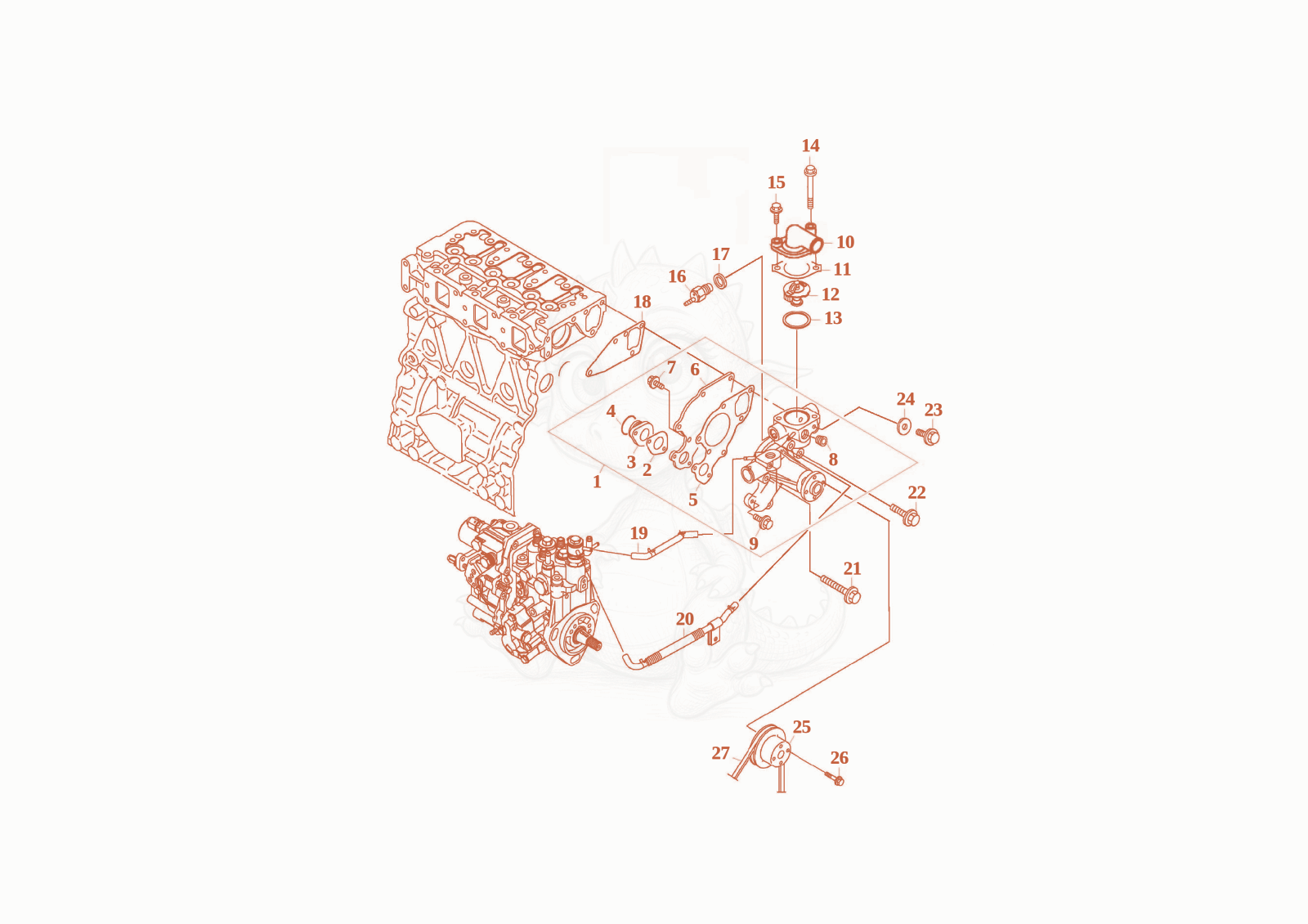 Exploded parts diagram of the water pump of a Wacker Neuson TH412, with numbered balloons