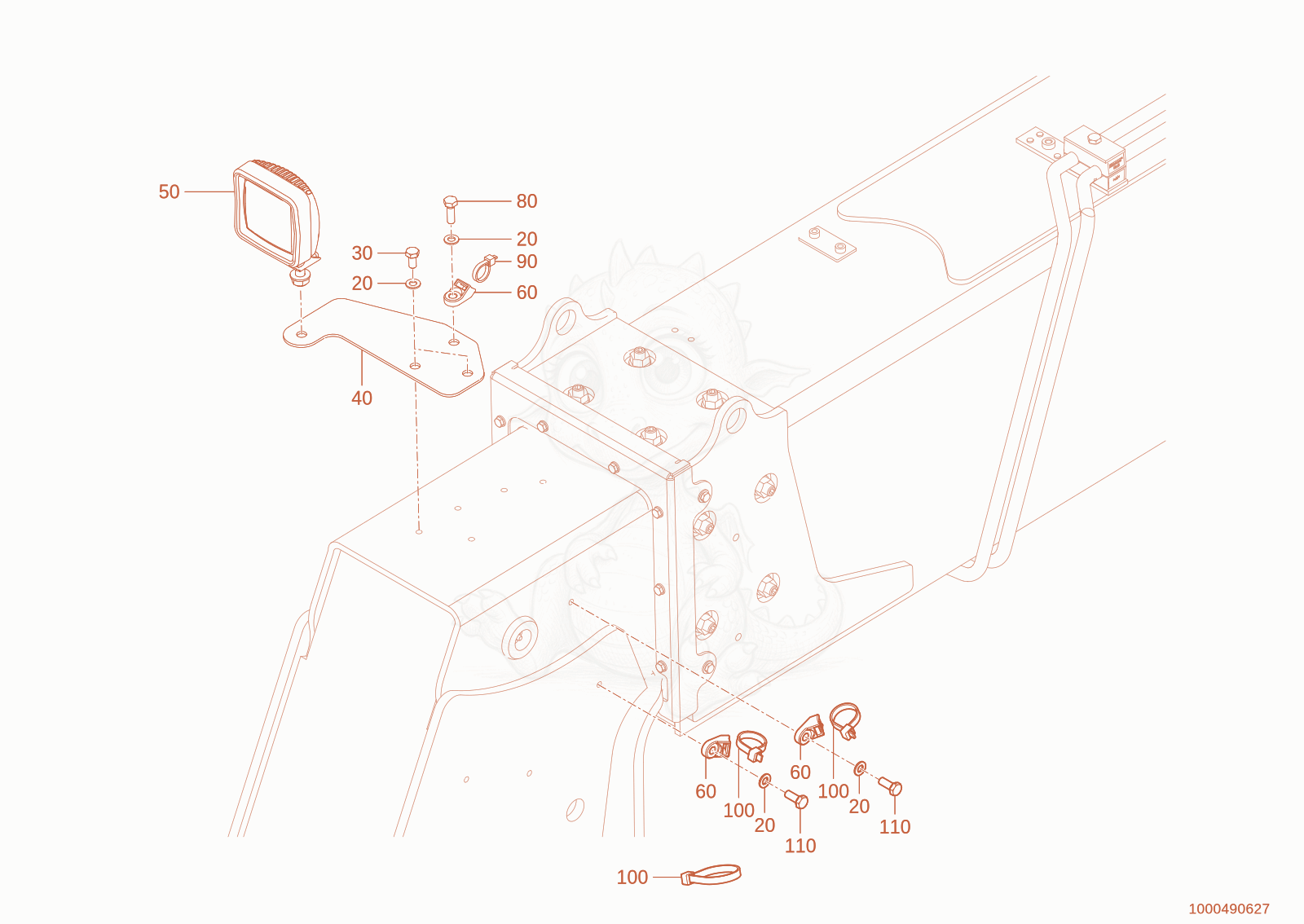 Exploded parts diagram of the working light of a Wacker Neuson TH625(T06-01), with numbered balloons