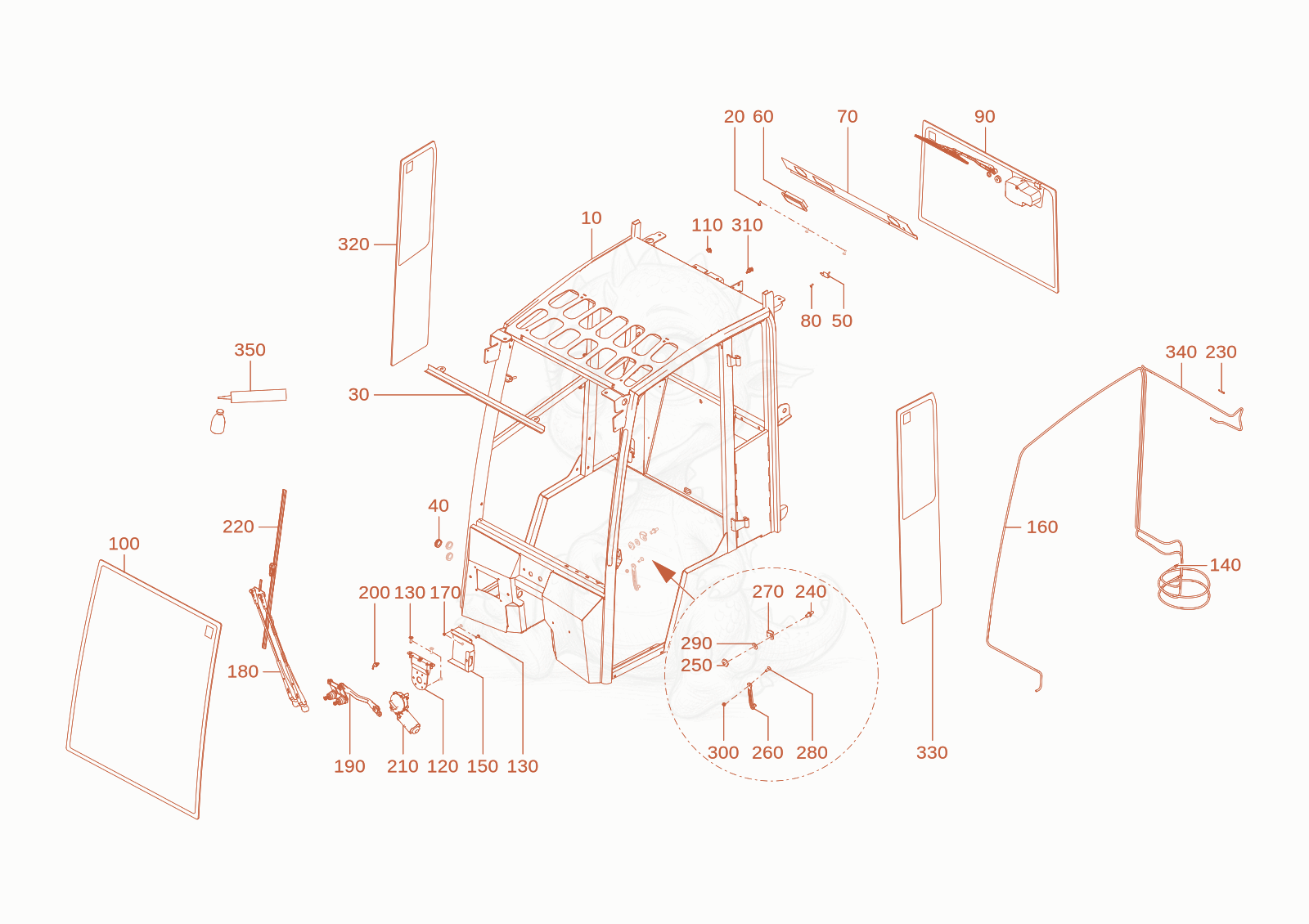 Despiece del mounting set cabine de una máquina Wacker Neuson WL250(A02-01), con globos numerados