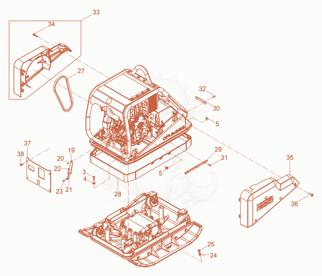 Exploded parts diagram of the Vibration Plate of a Wacker Neuson DPU6555HEHAP, with numbered balloons