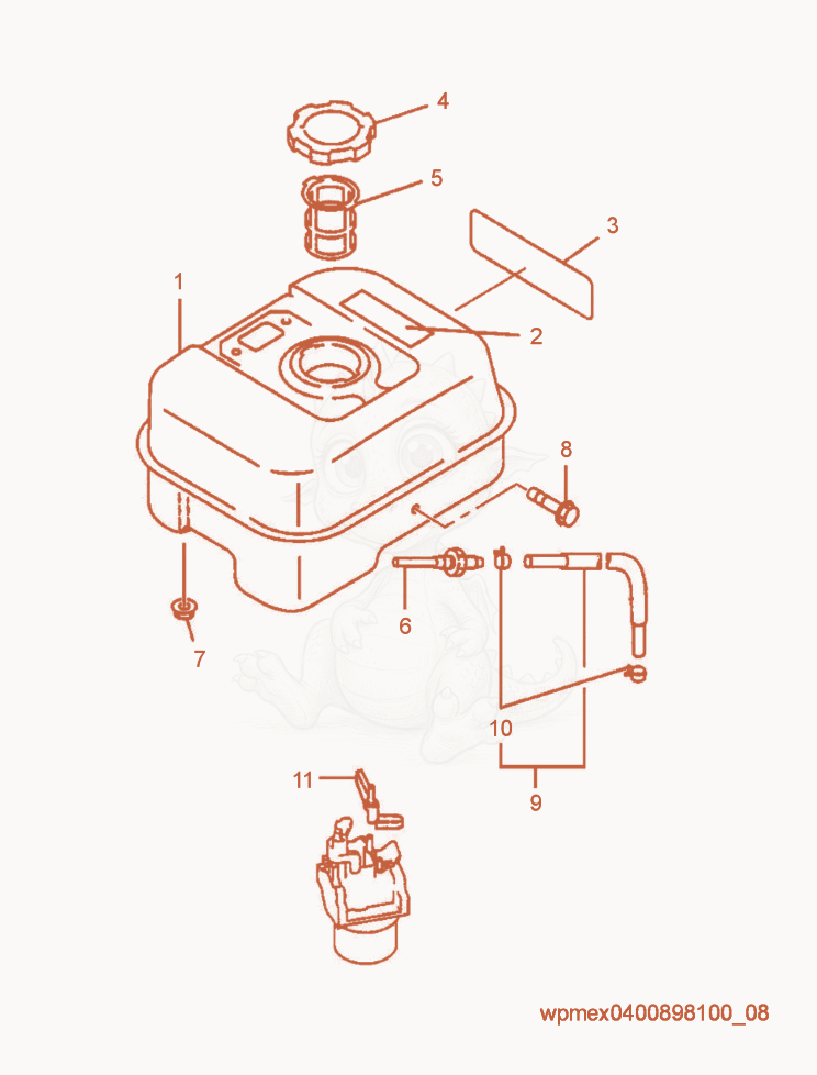 Exploded parts diagram of the Fuel Tank cpl. of a Wacker Neuson VP50XW, with numbered balloons