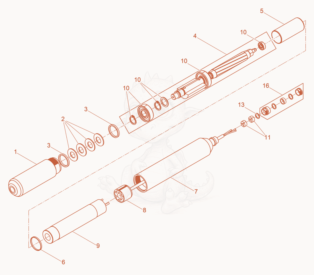 Exploded parts diagram of the Internal Vibrator of a Wacker Neuson IRFU58/230/15, with numbered balloons