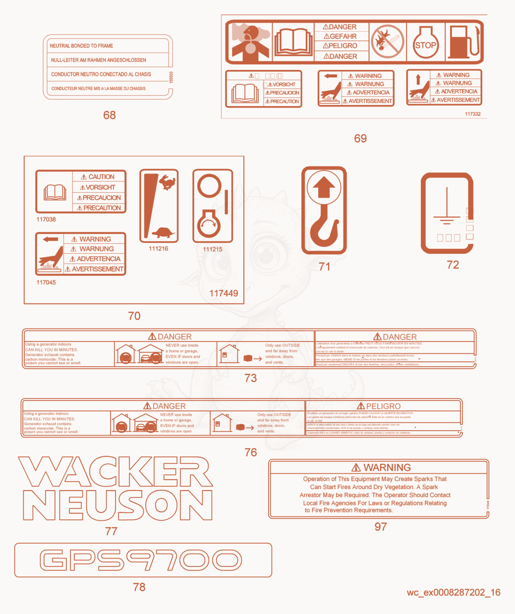 Exploded parts diagram of the Labels of a Wacker Neuson GPS9700, with numbered balloons