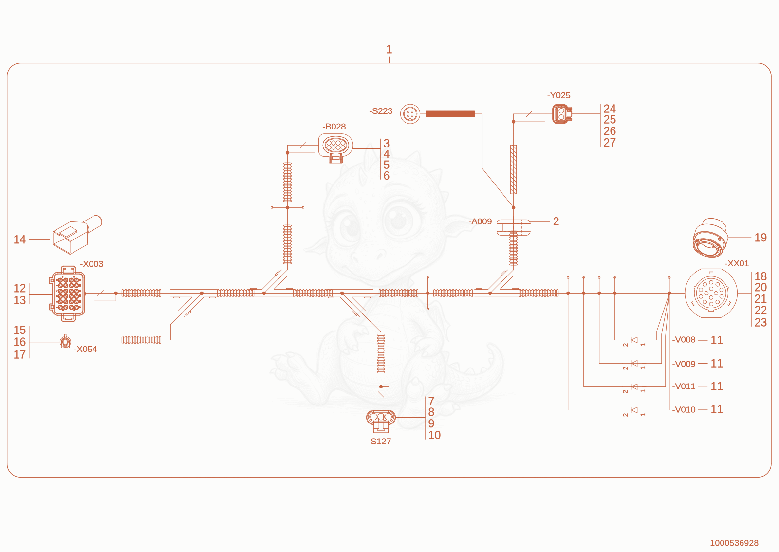 Exploded parts diagram of the wiring harness of a Wacker Neuson WL95(WRL90-00), with numbered balloons