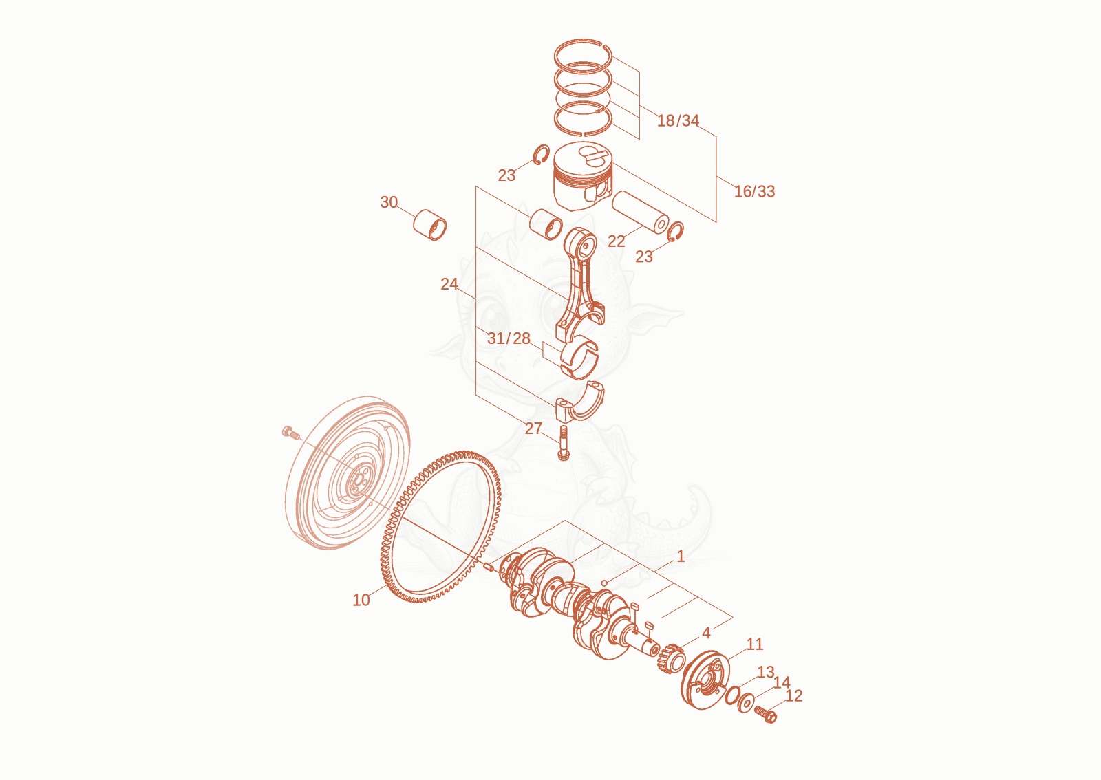 Exploded parts diagram of the CRANKSHAFT, PISTON of a Wacker Neuson ET18-2, with numbered balloons