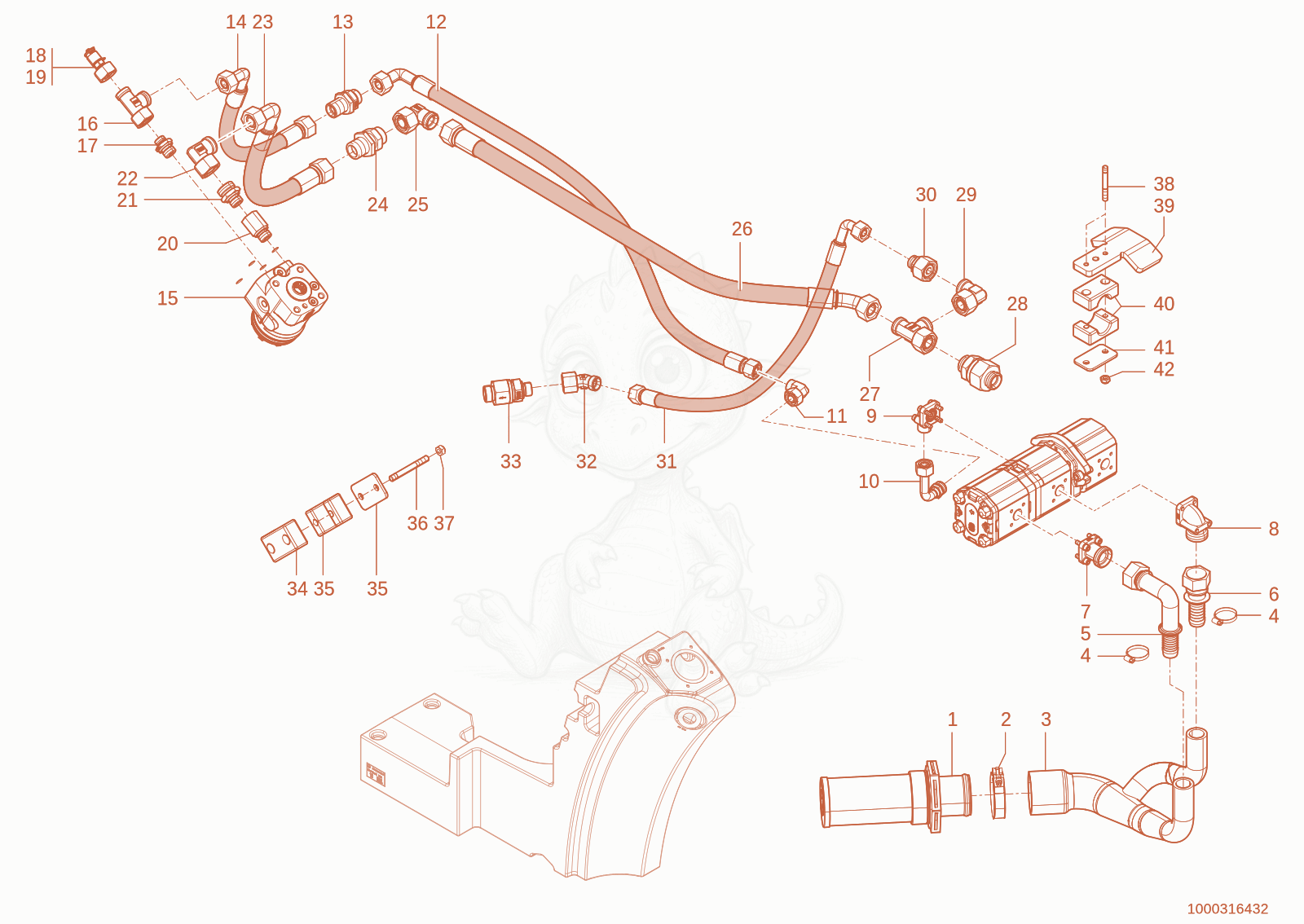 Exploded parts diagram of the Hydraulic circuit steering-Pump-Tank of a Wacker Neuson TH730(415-04), with numbered balloons
