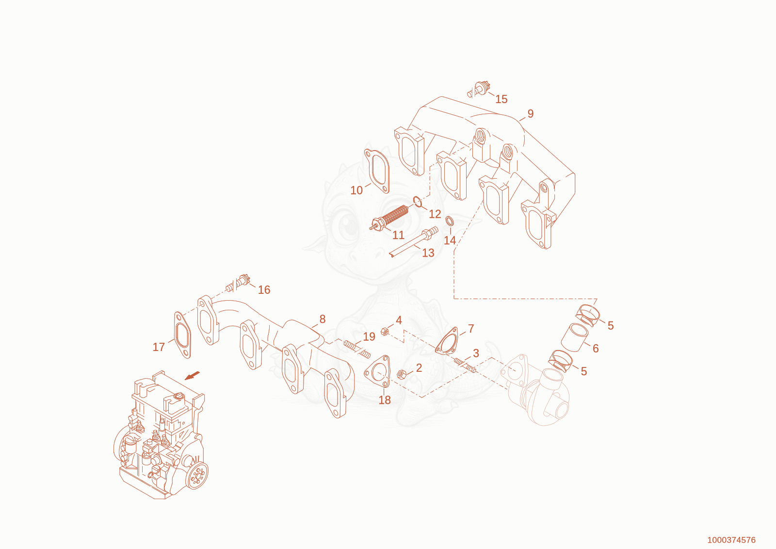 Exploded parts diagram of the turbo charger of a Wacker Neuson WL44, with numbered balloons