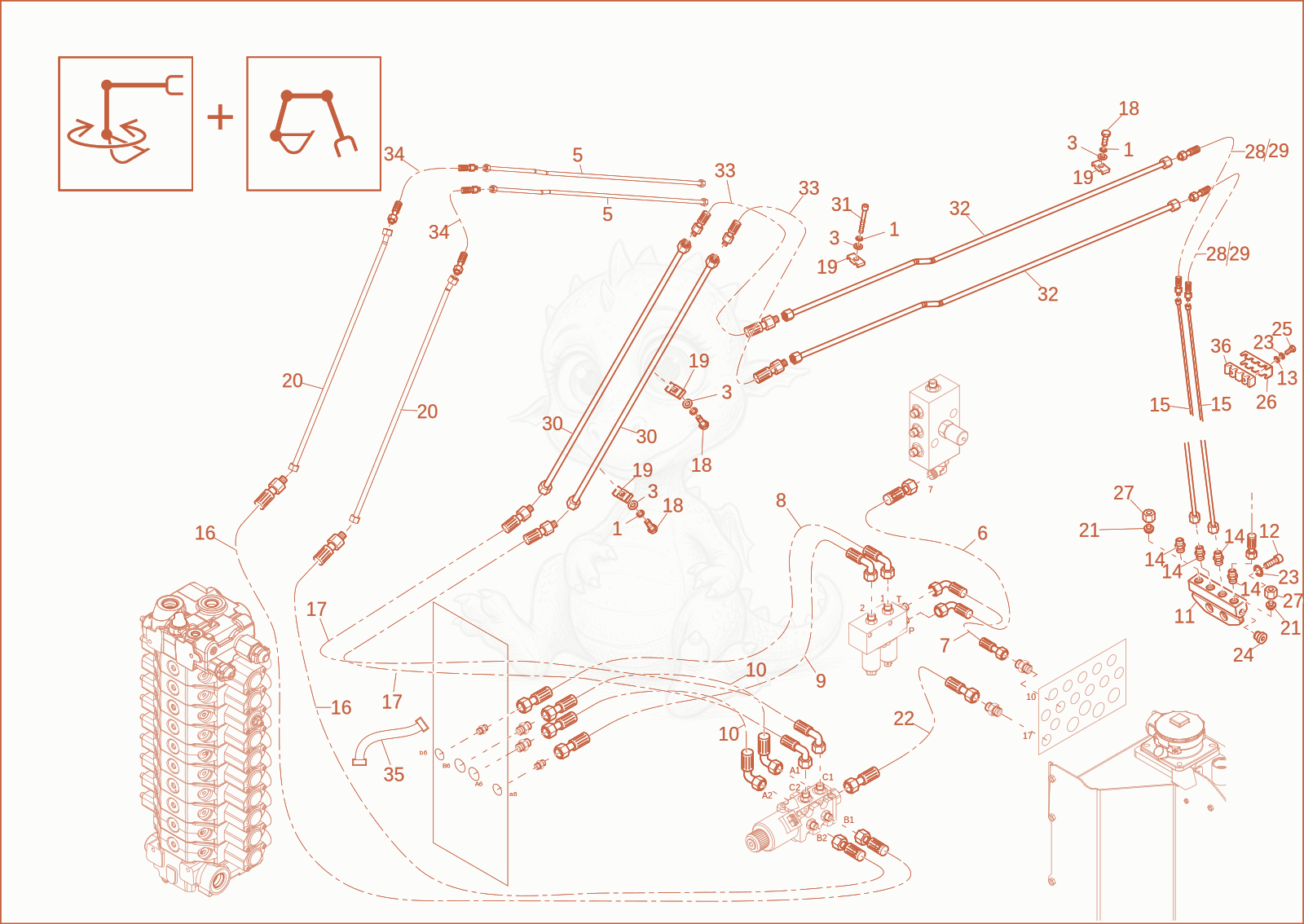Exploded parts diagram of the Pilot circuit Powertilt (Option) of a Wacker Neuson EW65, with numbered balloons