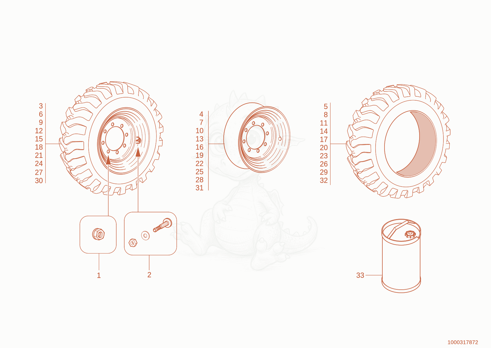 Exploded parts diagram of the WHEELS of a Wacker Neuson TH735(415-06), with numbered balloons