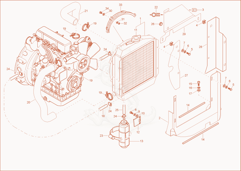 Exploded parts diagram of the water cooler of a Wacker Neuson 1403RD, with numbered balloons