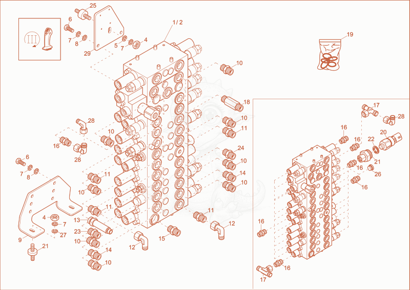 Exploded parts diagram of the CONTROL VALVE 1 (OPTION) of a Wacker Neuson EZ53, with numbered balloons