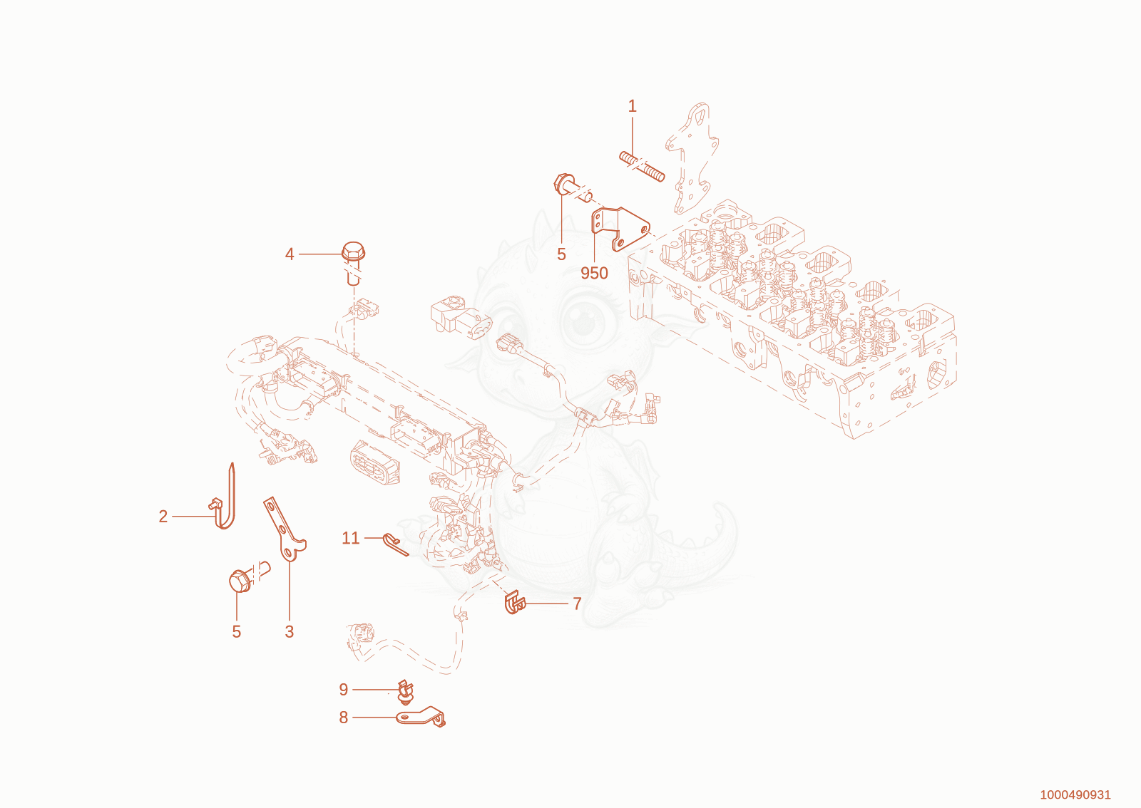 Exploded parts diagram of the Attachment of the speed sensor of a Wacker Neuson TH955(416-36), with numbered balloons