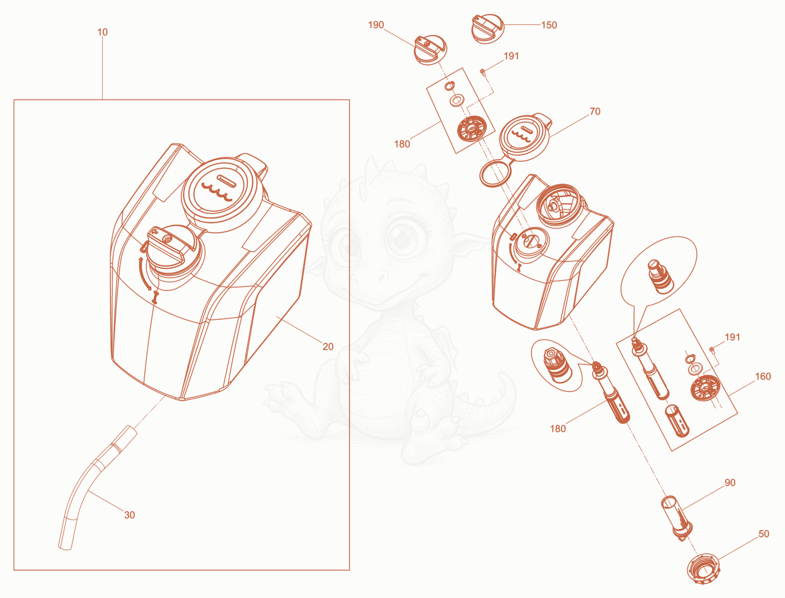Exploded parts diagram of the Water tank of a Wacker Neuson APS1135E, with numbered balloons