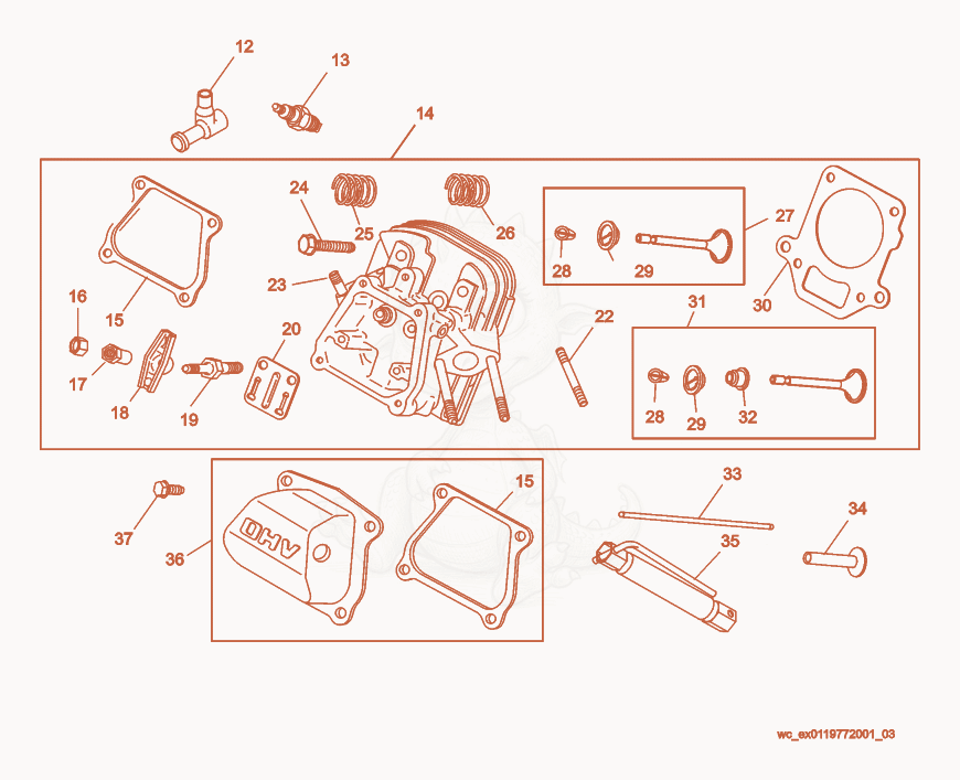 Exploded parts diagram of the Cylinder Head/Cover of a Wacker Neuson PT2V, with numbered balloons