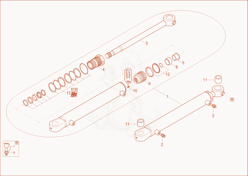 Exploded parts diagram of the boom offset cylinder of a Wacker Neuson 2902RDFORCE, with numbered balloons