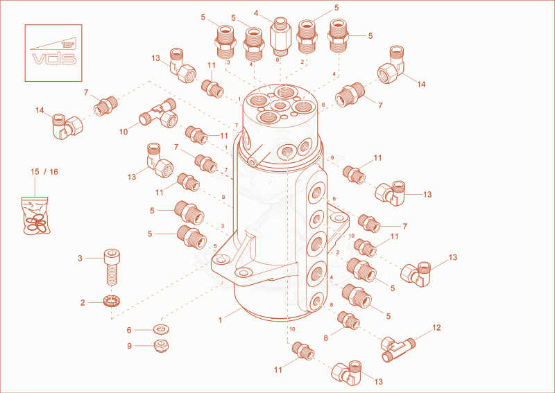 Exploded parts diagram of the rotary junction (option) of a Wacker Neuson ET35, with numbered balloons