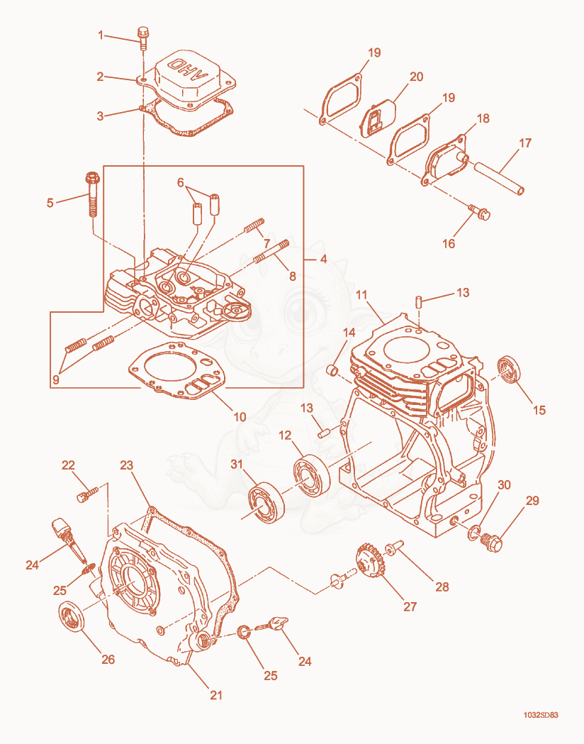 Exploded parts diagram of the Crankcase cpl. of a Wacker Neuson VPR1330, with numbered balloons