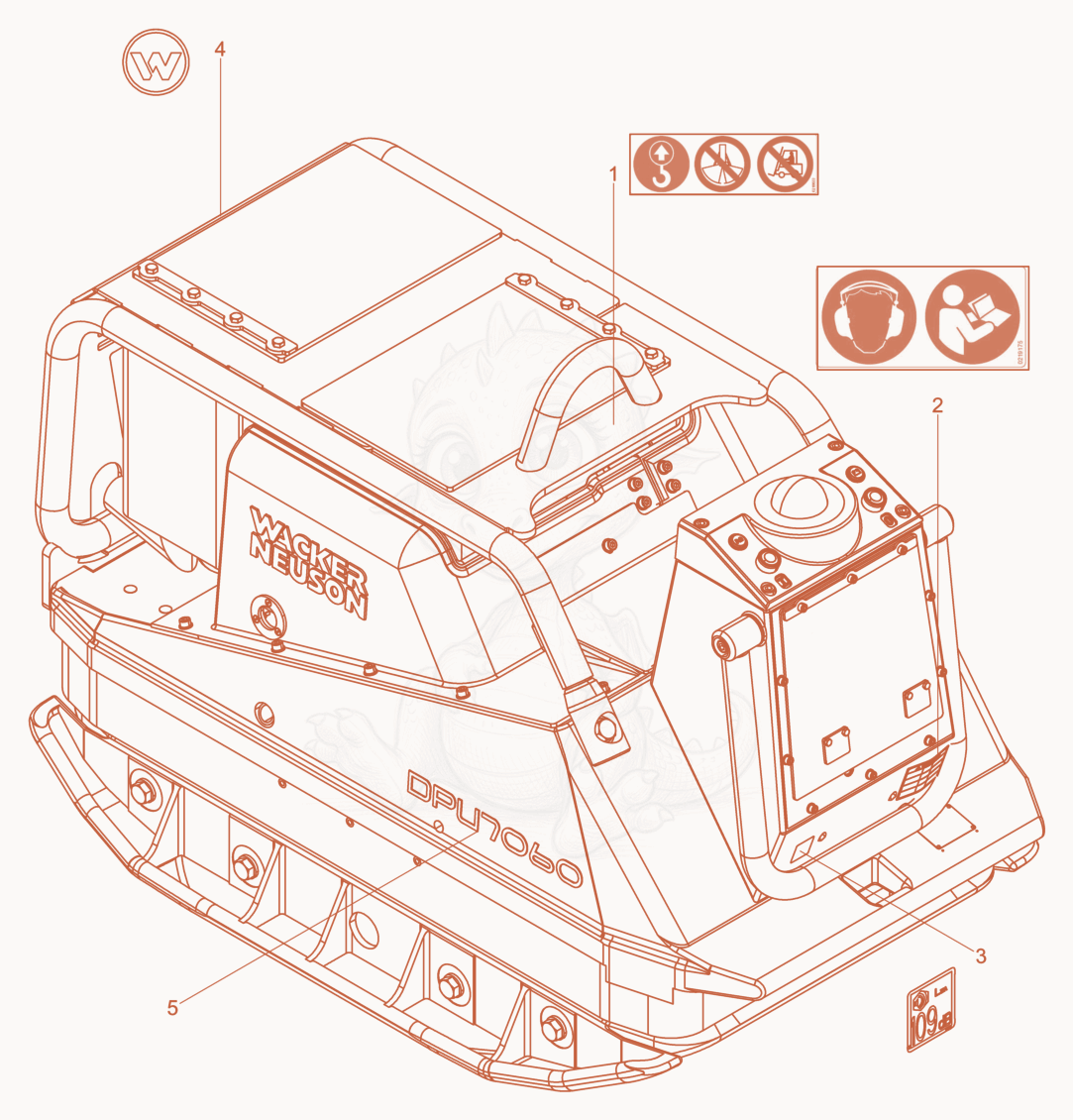 Exploded parts diagram of the Labels of a Wacker Neuson DPU7060FET, with numbered balloons