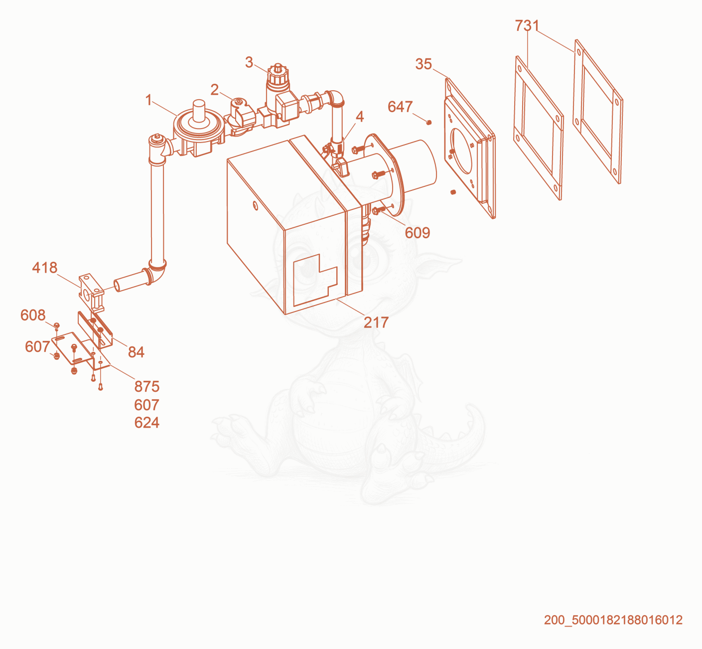 Exploded parts diagram of the Gas train of a Wacker Neuson HI750G, with numbered balloons