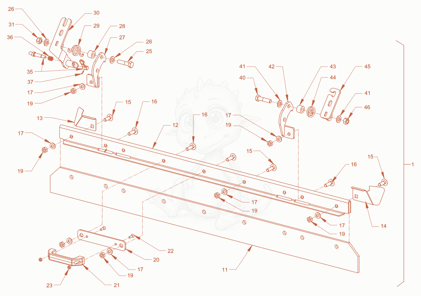 Exploded parts diagram of the foldable scraper of a Wacker Neuson RD40-130CDPF, with numbered balloons