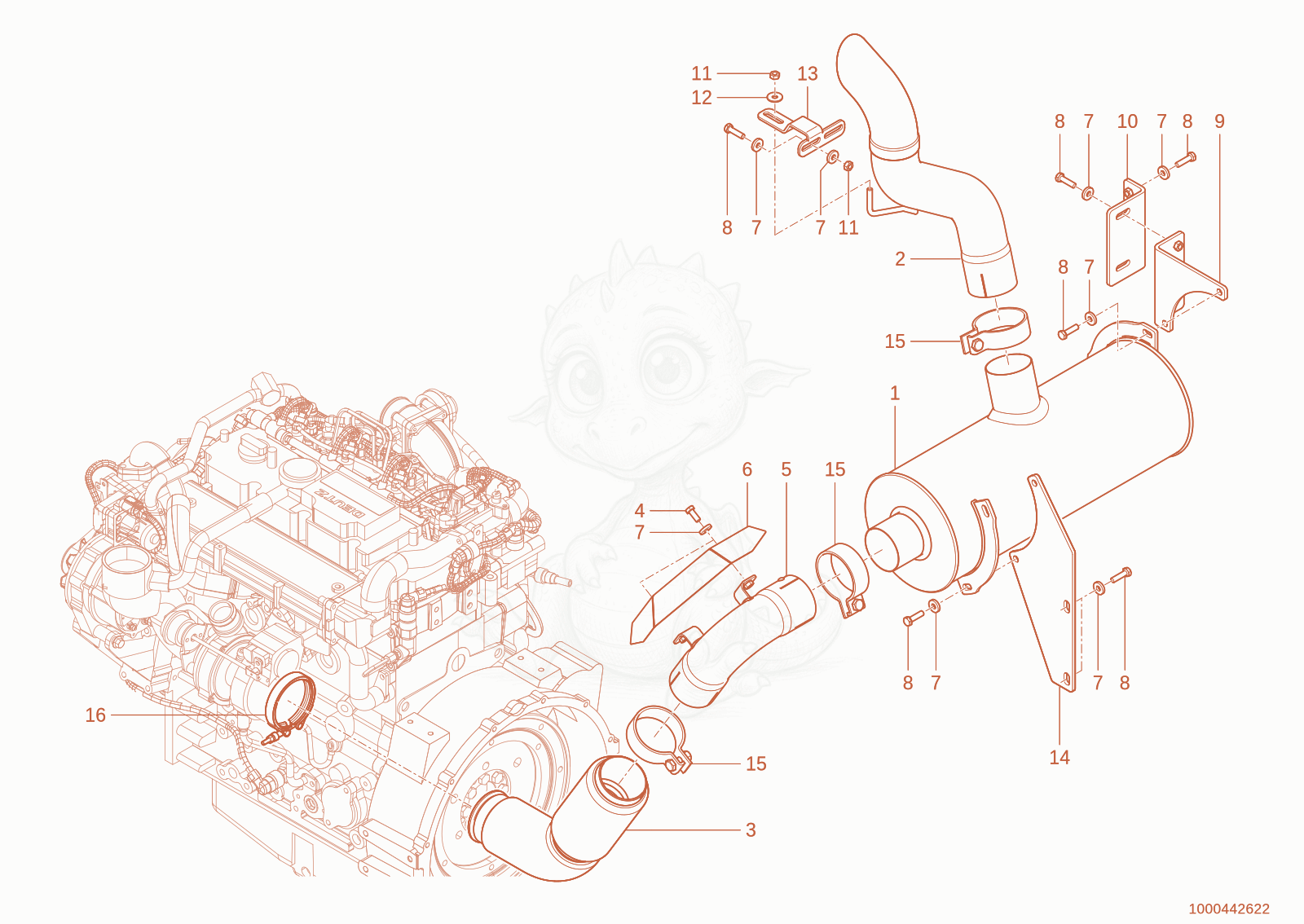 Exploded parts diagram of the exhaust system of a Wacker Neuson WL95(WRL90-00), with numbered balloons