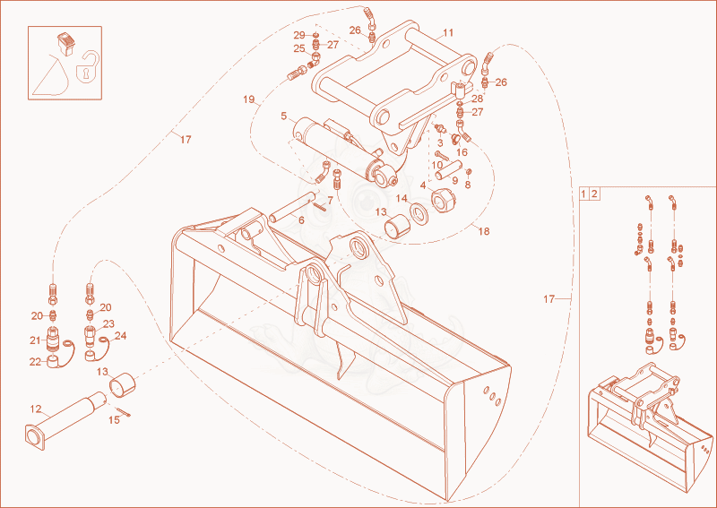 Exploded parts diagram of the SWIVEL BUCKET QHS HYDRAULICALLY of a Wacker Neuson EZ53, with numbered balloons