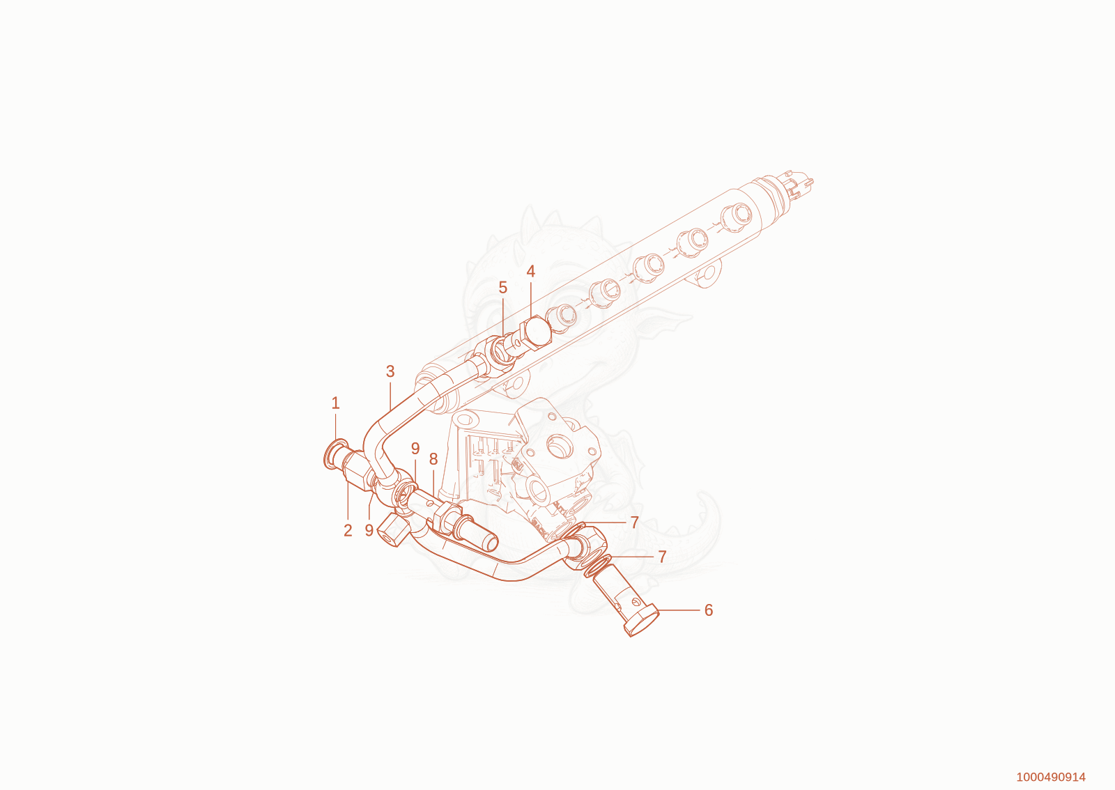 Exploded parts diagram of the return line of a Wacker Neuson TH955(416-36), with numbered balloons