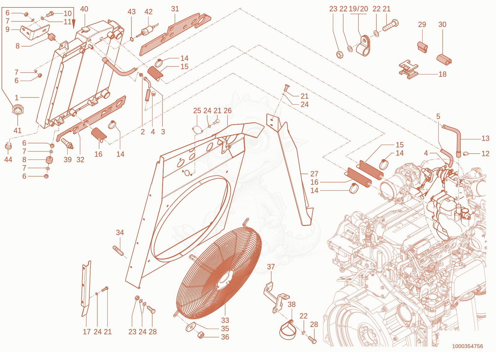 Exploded parts diagram of the Cooling + Storage of a Wacker Neuson TH955(416-26), with numbered balloons