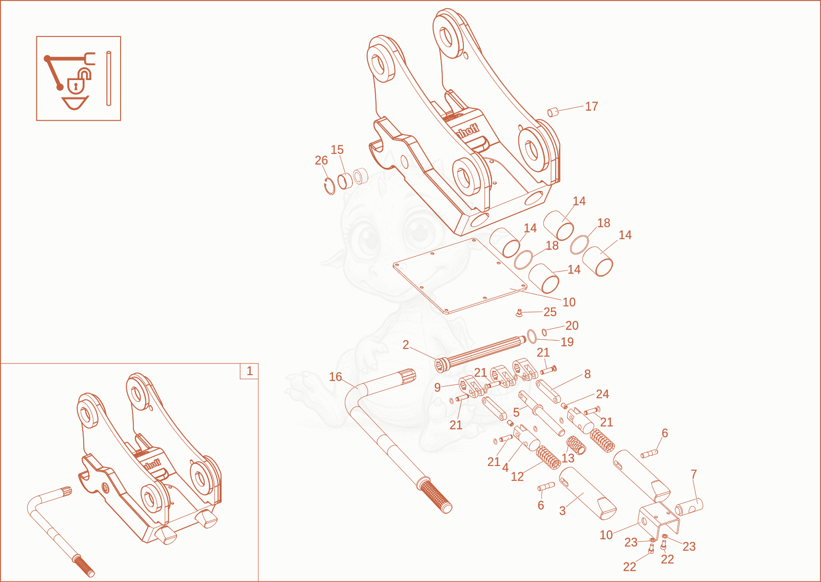 Exploded parts diagram of the Mechanical quick hitch system (Option) of a Wacker Neuson ET90, with numbered balloons
