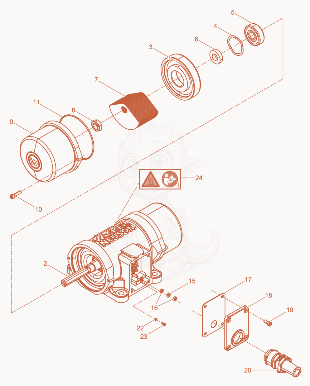 Exploded parts diagram of the External Vibrator cpl. of a Wacker Neuson AR36/3,6/400, with numbered balloons