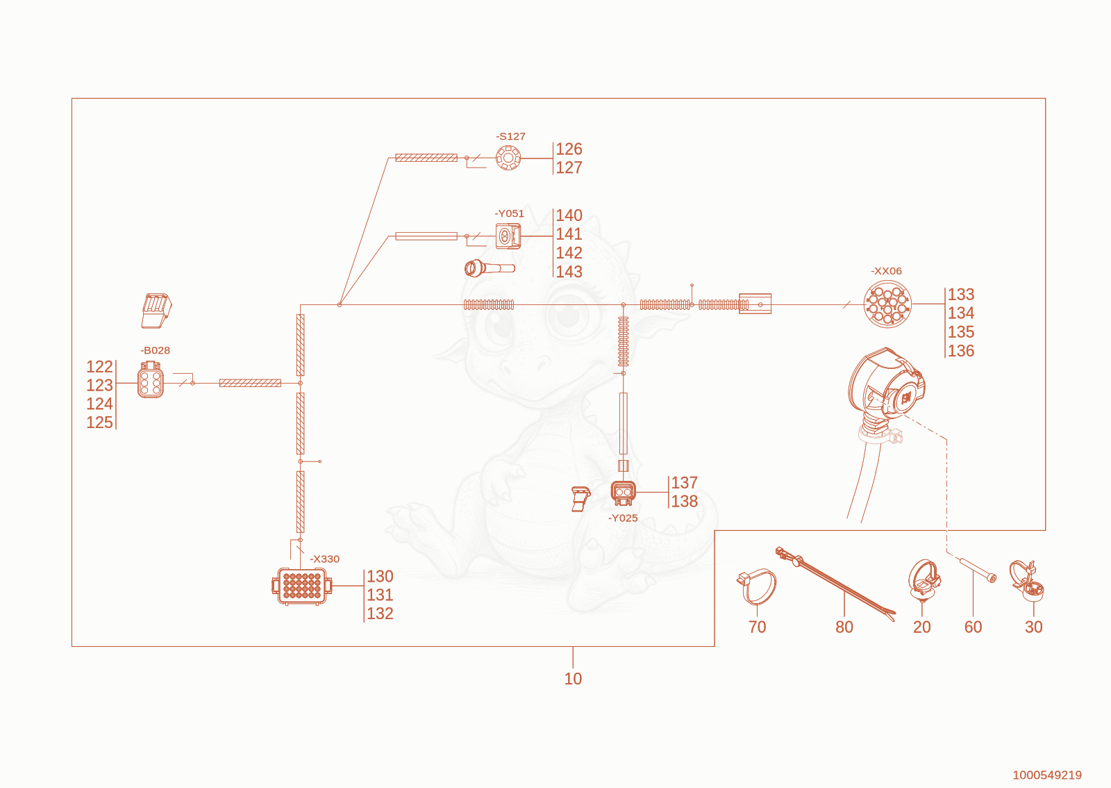 Exploded parts diagram of the Wiring harness lifting system of a Wacker Neuson WLT1050(A06-04), with numbered balloons