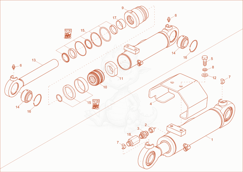 Exploded parts diagram of the blade cylinder of a Wacker Neuson ET18, with numbered balloons