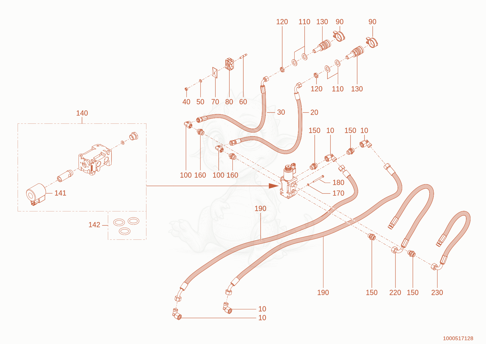 Exploded parts diagram of the AUXILARY HYDRAULICS of a Wacker Neuson TH412E(T02-01), with numbered balloons