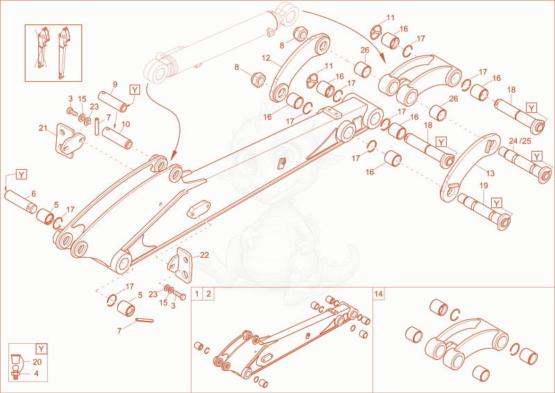 Exploded parts diagram of the DIPPER ARM LONG (OPTION) of a Wacker Neuson 1404, with numbered balloons