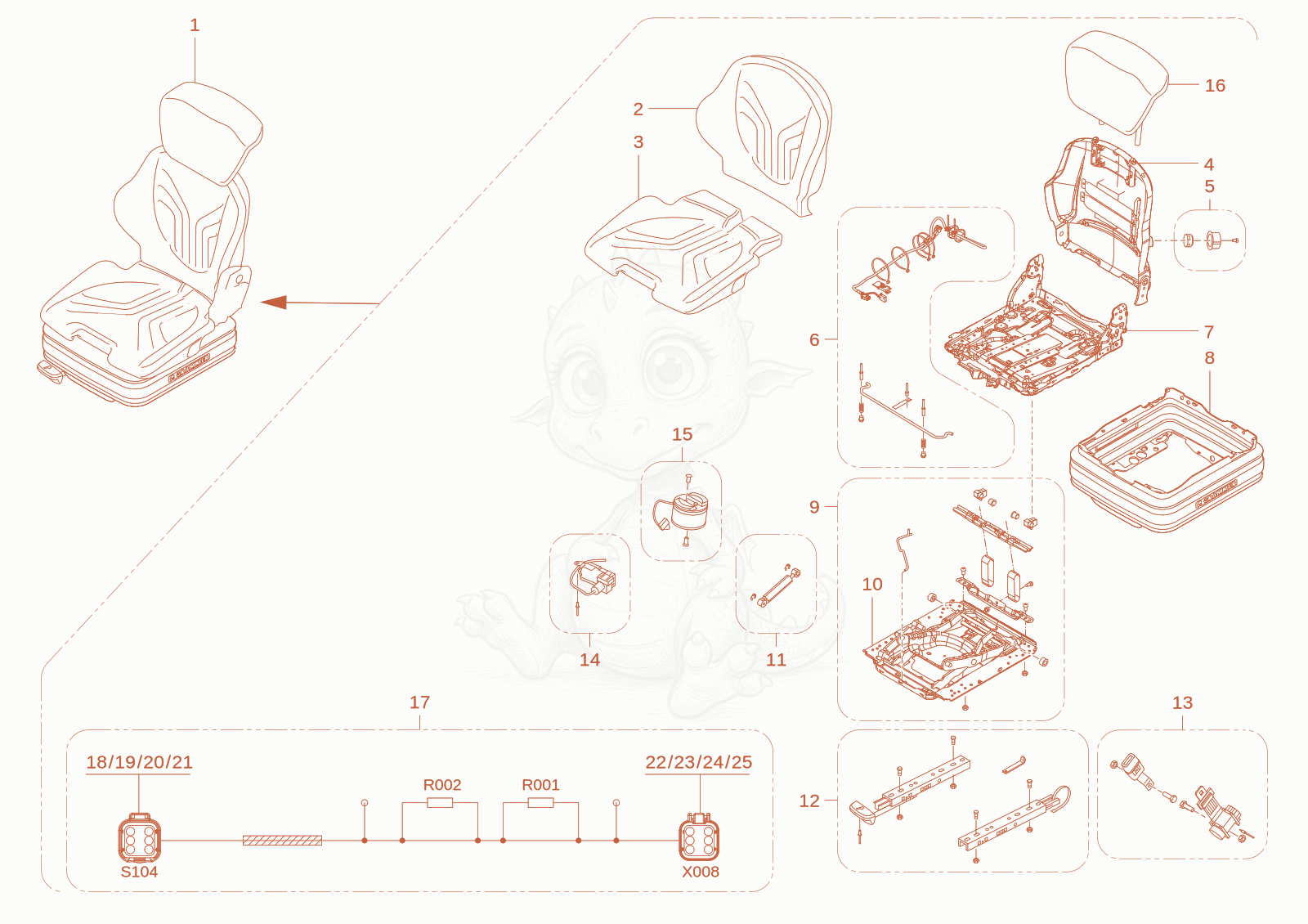 Exploded parts diagram of the Airsusp.seat of a Wacker Neuson TH412E(T02-01), with numbered balloons