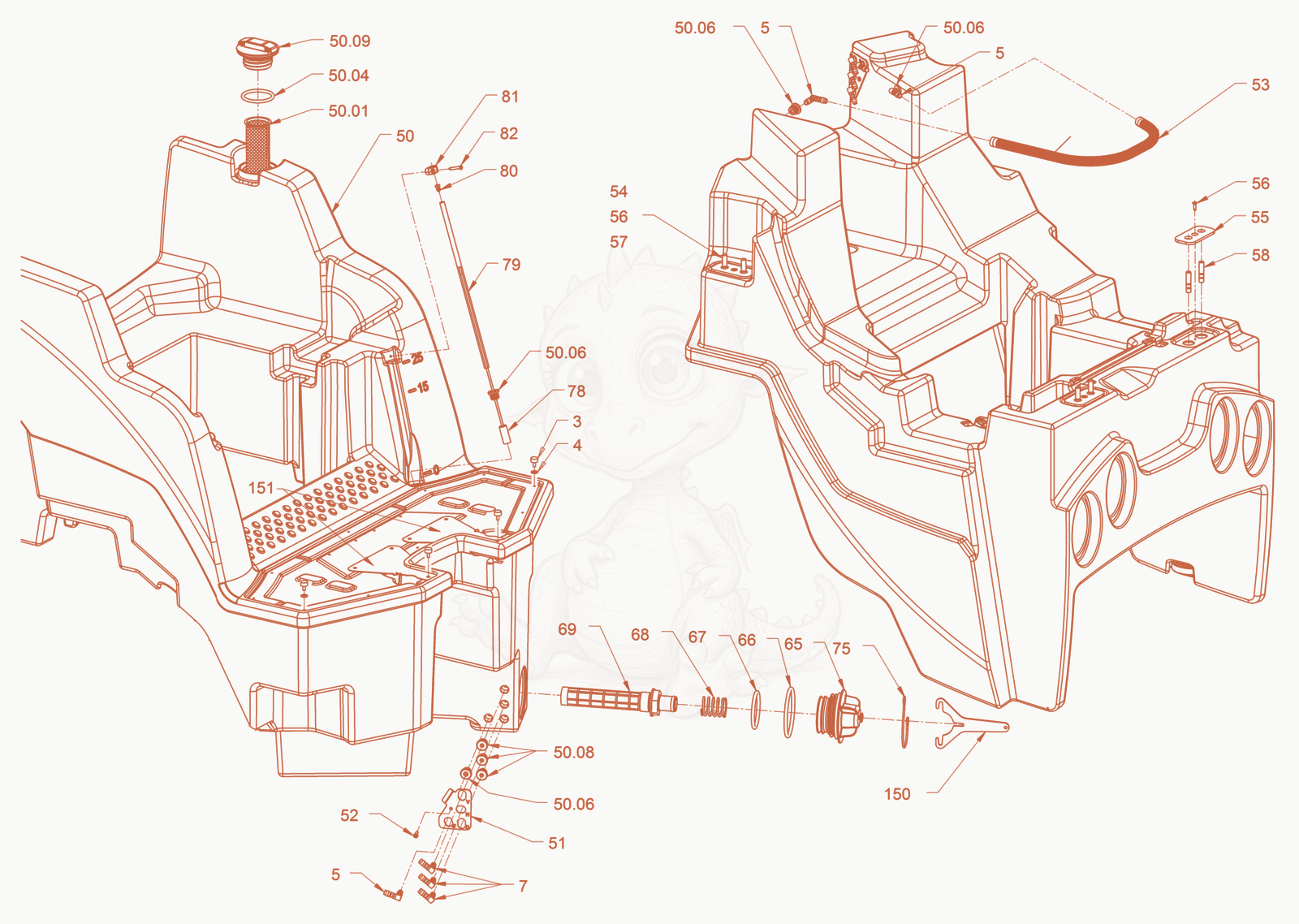 Exploded parts diagram of the sprinkling of a Wacker Neuson RD45-140, with numbered balloons