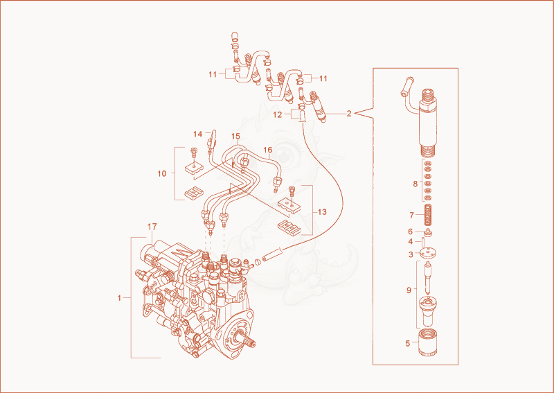 Exploded parts diagram of the fuel injection equipment of a Wacker Neuson 38Z3, with numbered balloons