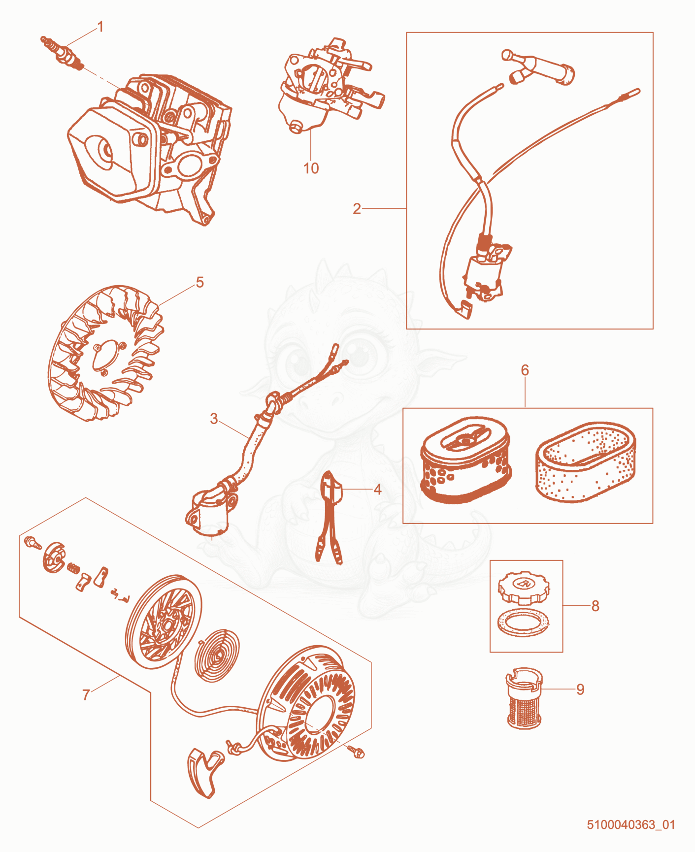 Exploded parts diagram of the Engine Maintenance of a Wacker Neuson MCT36-5, with numbered balloons
