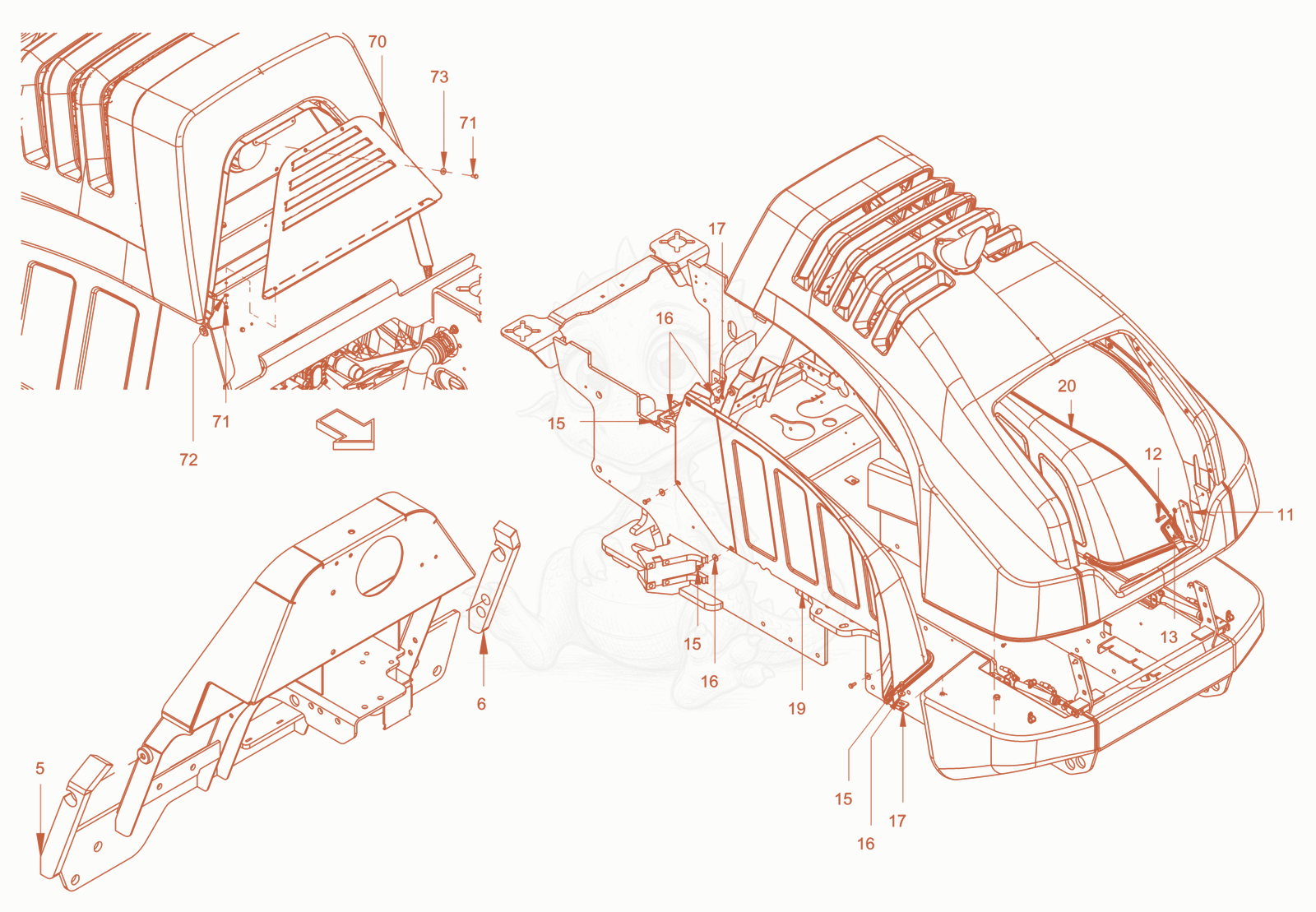 Exploded parts diagram of the canopies and covers of a Wacker Neuson RC110USROPS, with numbered balloons