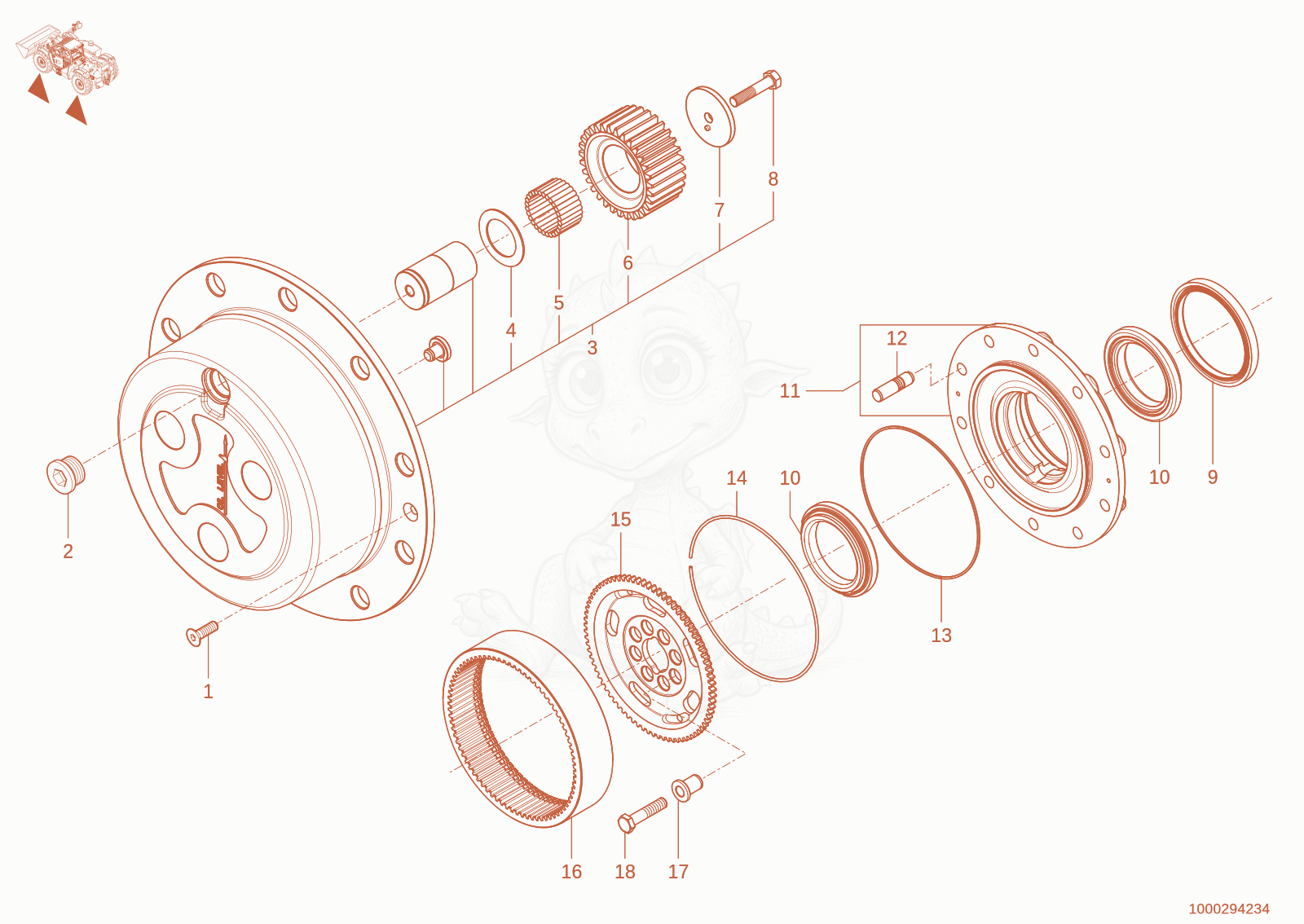Exploded parts diagram of the wheel hub of a Wacker Neuson TH744(416-02), with numbered balloons