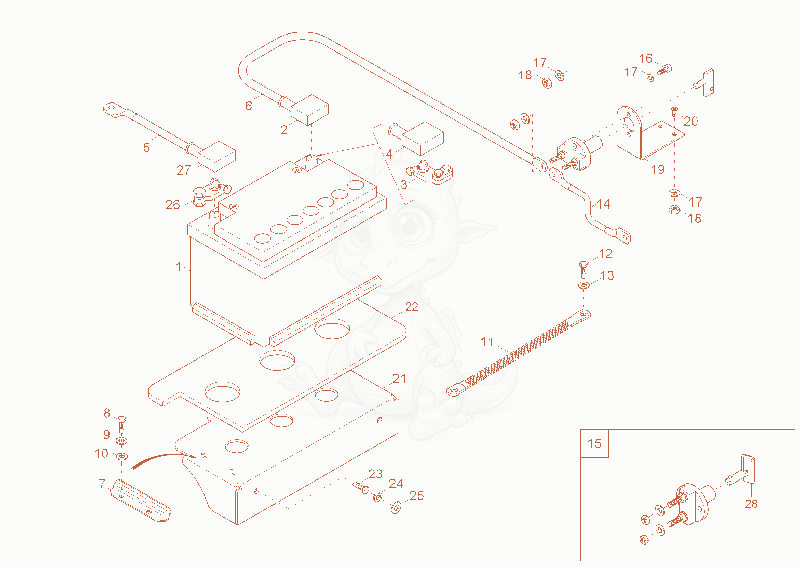 Exploded parts diagram of the battery of a Wacker Neuson 3001, with numbered balloons
