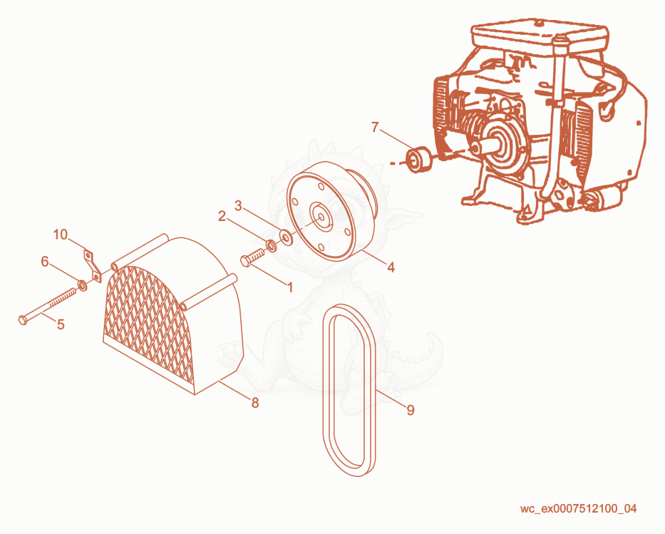 Exploded parts diagram of the Clutch/Belt/Beltguard of a Wacker Neuson CRT36ASN, with numbered balloons